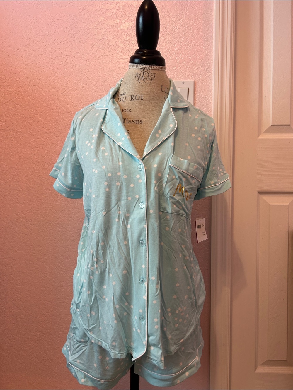 Mrs. Kate Spade Aqua Light Blue Polka Dot Sleep Set